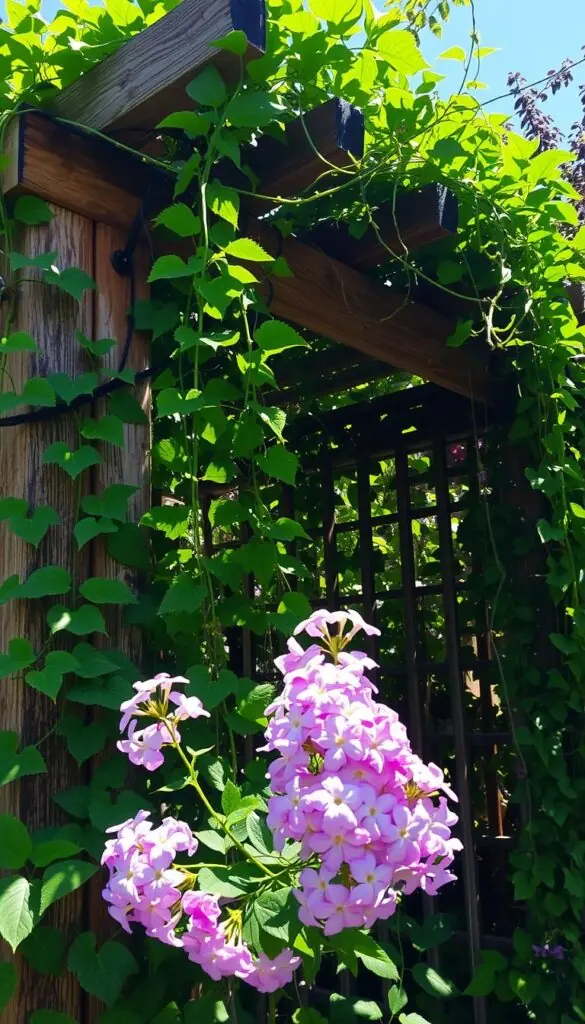 Lush, verdant vines cascading down a sun-drenched trellis, their vibrant foliage embracing the warm rays. Delicate tendrils reach skyward, creating a natural canopy of emerald hues. In the foreground, clusters of delicate flowers in shades of purple, pink, and white bloom amidst the verdant growth, adding pops of color to the scene. Dappled shadows dance across the weathered wooden structure, lending a sense of depth and dimension. The overall composition evokes a tranquil, sun-soaked atmosphere, capturing the essence of thriving, heat-loving climbers perfect for hot summer gardens. Lush, verdant vines cascading down a sun-drenched trellis, their vibrant foliage embracing the warm rays. Delicate tendrils reach skyward, creating a natural canopy of emerald hues. In the foreground, clusters of delicate flowers in shades of purple, pink, and white bloom amidst the verdant growth, adding pops of color to the scene. Dappled shadows dance across the weathered wooden structure, lending a sense of depth and dimension. The overall composition evokes a tranquil, sun-soaked atmosphere, capturing the essence of thriving, heat-loving climbers perfect for hot summer gardens.