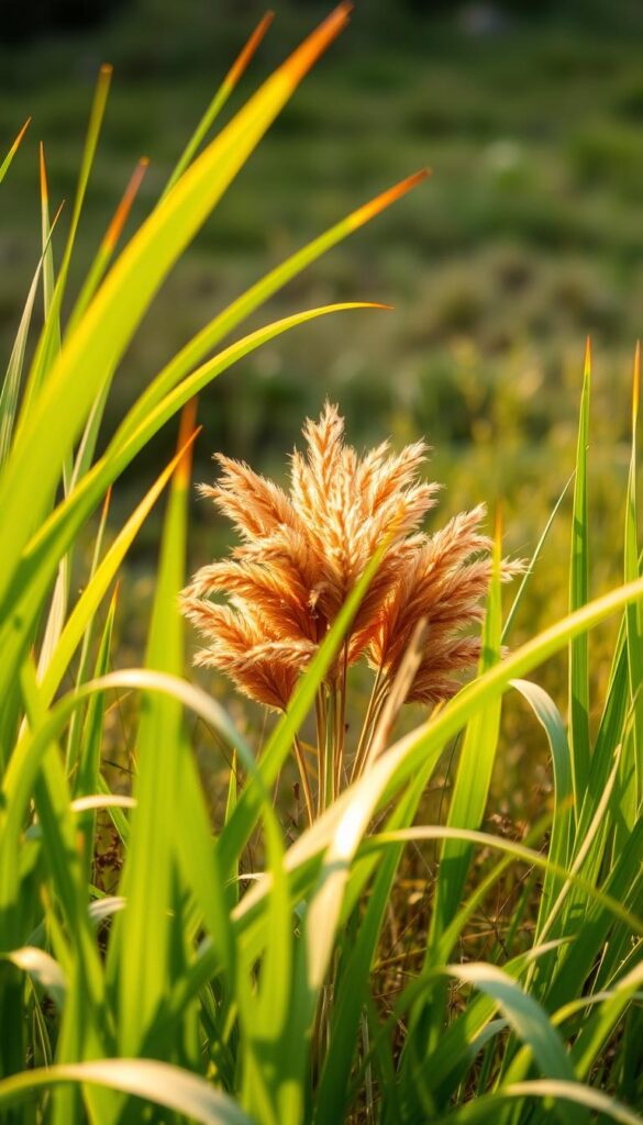 Lush, verdant warm-season grasses swaying gently in the summer breeze. A vibrant foreground of emerald blades, their tips catching the golden sunlight. In the middle ground, clusters of feathery plumes in shades of amber and ochre, creating a captivating textural contrast. The background softly blurred, hinting at a serene landscape beyond. The scene is bathed in a warm, diffused natural light, creating a sense of tranquility and comfort. Captured with a shallow depth of field, allowing the viewer to focus on the intricate details of the grasses. Lush, verdant warm-season grasses swaying gently in the summer breeze. A vibrant foreground of emerald blades, their tips catching the golden sunlight. In the middle ground, clusters of feathery plumes in shades of amber and ochre, creating a captivating textural contrast. The background softly blurred, hinting at a serene landscape beyond. The scene is bathed in a warm, diffused natural light, creating a sense of tranquility and comfort. Captured with a shallow depth of field, allowing the viewer to focus on the intricate details of the grasses.