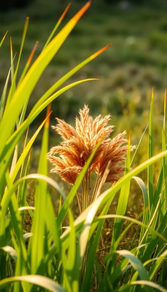Lush, verdant warm-season grasses swaying gently in the summer breeze. A vibrant foreground of emerald blades, their tips catching the golden sunlight. In the middle ground, clusters of feathery plumes in shades of amber and ochre, creating a captivating textural contrast. The background softly blurred, hinting at a serene landscape beyond. The scene is bathed in a warm, diffused natural light, creating a sense of tranquility and comfort. Captured with a shallow depth of field, allowing the viewer to focus on the intricate details of the grasses. Lush, verdant warm-season grasses swaying gently in the summer breeze. A vibrant foreground of emerald blades, their tips catching the golden sunlight. In the middle ground, clusters of feathery plumes in shades of amber and ochre, creating a captivating textural contrast. The background softly blurred, hinting at a serene landscape beyond. The scene is bathed in a warm, diffused natural light, creating a sense of tranquility and comfort. Captured with a shallow depth of field, allowing the viewer to focus on the intricate details of the grasses.