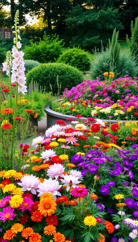 Lush, vibrant flower garden in soft, natural light. Foreground features a range of layered perennials - tall delphiniums, medium-height dahlias, and low-growing peonies. Midground showcases a mix of colorful annuals like zinnias and marigolds, cascading over raised garden beds. Background has a backdrop of mature trees and shrubs, creating depth and framing the scene. Overall, a harmonious composition highlighting the varied heights, hues, and textures for an eye-catching, year-round display. Lush, vibrant flower garden in soft, natural light. Foreground features a range of layered perennials - tall delphiniums, medium-height dahlias, and low-growing peonies. Midground showcases a mix of colorful annuals like zinnias and marigolds, cascading over raised garden beds. Background has a backdrop of mature trees and shrubs, creating depth and framing the scene. Overall, a harmonious composition highlighting the varied heights, hues, and textures for an eye-catching, year-round display.