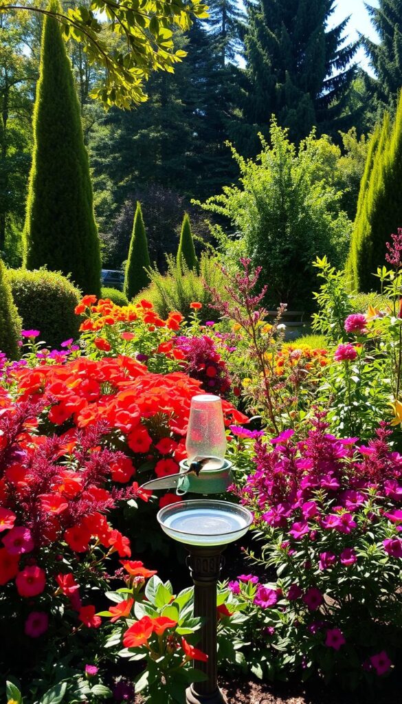 Lush, vibrant garden with a variety of colorful flowers, shrubs, and trees, designed to attract hummingbirds. Sunlight filters through the foliage, creating a warm, inviting atmosphere. In the foreground, a small birdbath or nectar feeder sits, beckoning hummingbirds to rest and refuel. The middle ground features a mix of nectar-rich blooms in shades of red, pink, and purple, arranged in a layered, visually appealing layout. The background showcases taller trees and shrubs, providing shelter and nesting sites for the hummingbirds. The overall composition encourages a sense of harmony and balance, creating an oasis that caters to the needs of these delicate, fascinating creatures.