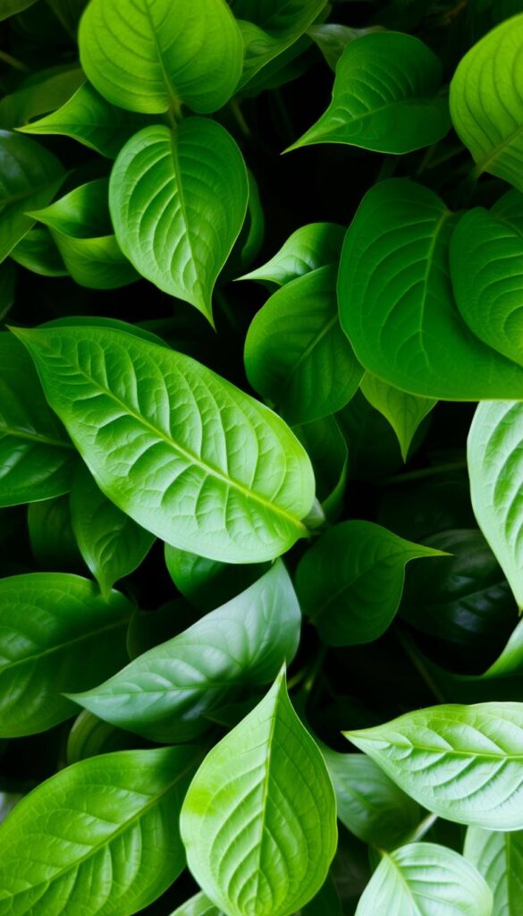 Lush, vibrant green leaves, gently swaying in soft, diffused lighting. Intricate veins traversing the leaf surfaces, creating captivating patterns. A mix of young, supple foliage and mature, glossy leaves, arranged in a natural, layered composition. The leaves appear healthy and robust, hinting at the vitality of the plant. Subtle shadows and highlights accentuate the depth and three-dimensional form of the leaves. A serene, calming atmosphere, conveying the beauty and resilience of these holiday plants that brighten winter homes. Lush, vibrant green leaves, gently swaying in soft, diffused lighting. Intricate veins traversing the leaf surfaces, creating captivating patterns. A mix of young, supple foliage and mature, glossy leaves, arranged in a natural, layered composition. The leaves appear healthy and robust, hinting at the vitality of the plant. Subtle shadows and highlights accentuate the depth and three-dimensional form of the leaves. A serene, calming atmosphere, conveying the beauty and resilience of these holiday plants that brighten winter homes.