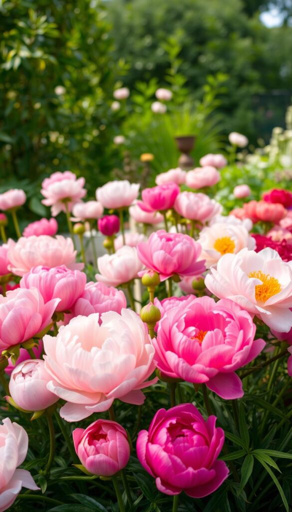 Lush, vibrant peonies in a meticulously curated display. An array of varieties in the foreground, showcasing their unique petals, colors, and bloom shapes - from delicate blush pink to bold fuchsia. In the middle ground, a mix of classic and contemporary peony cultivars, their stems reaching towards the light. In the background, a dreamy, softly-lit garden setting, with verdant foliage framing the floral centerpiece. The scene evokes a sense of timeless beauty and the captivating diversity of these beloved blooms. Captured with a shallow depth of field, drawing the viewer's eye to the intricate peony details. Warm, natural lighting illuminates the petals, imbuing the image with a sense of elegance and timelessness.