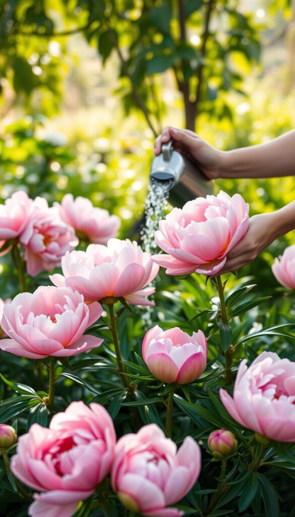 Lush, vibrant peony flowers bloom in the foreground, their delicate petals unfurling in soft, pastel hues. In the middle ground, a gardener's hands gently tend to the plants, watering them with care. The background depicts a well-tended garden, with sunlight filtering through verdant foliage, creating a serene and nurturing atmosphere. The lighting is soft and natural, highlighting the beauty and vitality of the peonies. The scene conveys a sense of patience, dedication, and the joy of cultivating these timeless flowers.