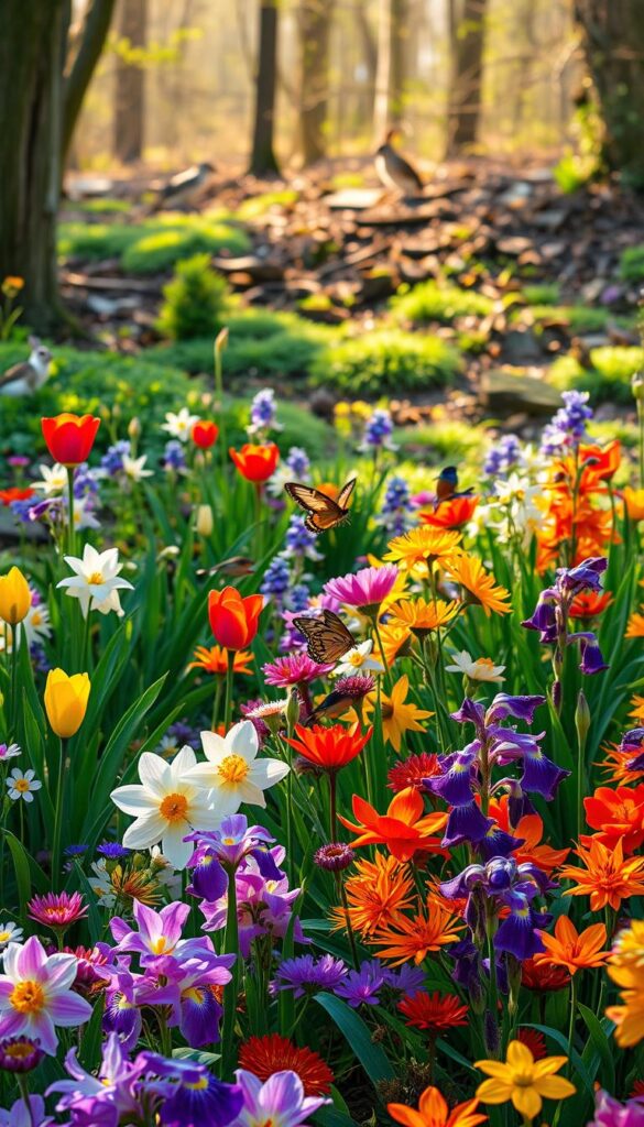 Lush, vibrant perennial garden with a variety of bulbs in full bloom, surrounded by a diverse array of wildlife. Foreground features a mix of colorful tulips, daffodils, and irises, their petals gently swaying in a soft breeze. In the middle ground, a butterfly flutters among the flowers, its delicate wings catching the warm, golden sunlight filtering through the trees. The background showcases a serene woodland scene, with a variety of native birds hopping among the foliage and a rabbit peeking out from the underbrush. The entire composition has a natural, organic feel, with a sense of harmony and balance between the plants, animals, and the environment. Lush, vibrant perennial garden with a variety of bulbs in full bloom, surrounded by a diverse array of wildlife. Foreground features a mix of colorful tulips, daffodils, and irises, their petals gently swaying in a soft breeze. In the middle ground, a butterfly flutters among the flowers, its delicate wings catching the warm, golden sunlight filtering through the trees. The background showcases a serene woodland scene, with a variety of native birds hopping among the foliage and a rabbit peeking out from the underbrush. The entire composition has a natural, organic feel, with a sense of harmony and balance between the plants, animals, and the environment.