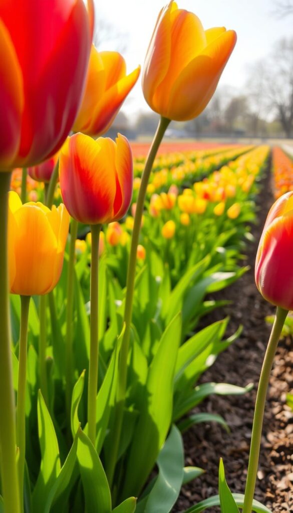 Lush, vibrant tulips in a garden setting, their petals softly illuminated by warm, diffused natural light. The tulips stand upright, their vibrant colors - deep reds, sunny yellows, and delicate pinks - contrasting beautifully against the verdant foliage in the middle ground. In the background, a picturesque scene of a neatly maintained garden bed, with tidy rows of blooming tulips extending into the distance. The overall composition conveys a sense of tranquility and effortless beauty, showcasing the simple yet effective care required to grow tulips that return year after year. Lush, vibrant tulips in a garden setting, their petals softly illuminated by warm, diffused natural light. The tulips stand upright, their vibrant colors - deep reds, sunny yellows, and delicate pinks - contrasting beautifully against the verdant foliage in the middle ground. In the background, a picturesque scene of a neatly maintained garden bed, with tidy rows of blooming tulips extending into the distance. The overall composition conveys a sense of tranquility and effortless beauty, showcasing the simple yet effective care required to grow tulips that return year after year.