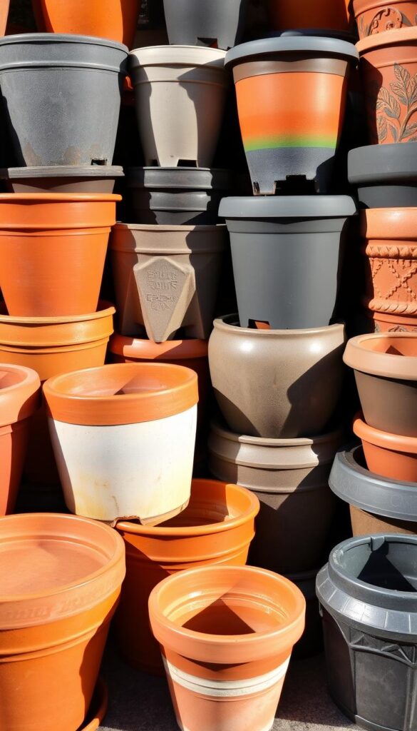 Neatly arranged garden containers of various shapes and sizes, showcasing a diverse selection of planter materials including terracotta, ceramic, and durable plastic. The containers are meticulously cleaned, their surfaces gleaming in warm natural lighting. Strategically positioned to highlight their functional and decorative qualities, the containers exude a sense of organization and preparedness for the coming gardening season. A subtle shadow play adds depth and dimension to the scene, while the overall composition conveys a harmonious and well-curated display of essential gardening tools and accessories. Neatly arranged garden containers of various shapes and sizes, showcasing a diverse selection of planter materials including terracotta, ceramic, and durable plastic. The containers are meticulously cleaned, their surfaces gleaming in warm natural lighting. Strategically positioned to highlight their functional and decorative qualities, the containers exude a sense of organization and preparedness for the coming gardening season. A subtle shadow play adds depth and dimension to the scene, while the overall composition conveys a harmonious and well-curated display of essential gardening tools and accessories.