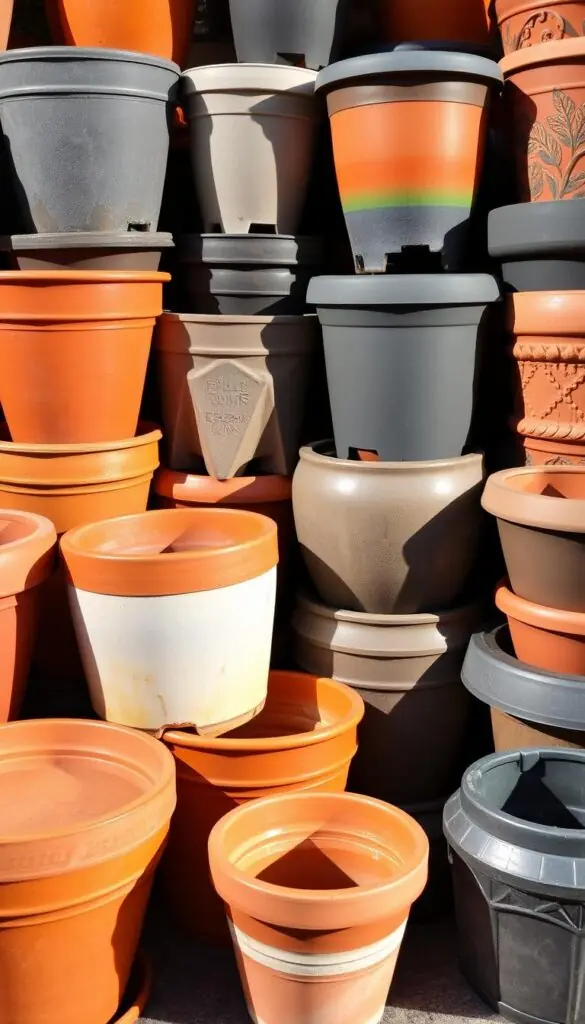 Neatly arranged garden containers of various shapes and sizes, showcasing a diverse selection of planter materials including terracotta, ceramic, and durable plastic. The containers are meticulously cleaned, their surfaces gleaming in warm natural lighting. Strategically positioned to highlight their functional and decorative qualities, the containers exude a sense of organization and preparedness for the coming gardening season. A subtle shadow play adds depth and dimension to the scene, while the overall composition conveys a harmonious and well-curated display of essential gardening tools and accessories.