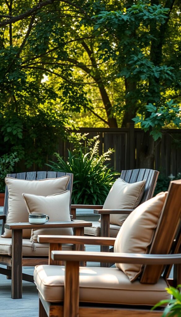 Outdoor chairs in a tranquil backyard setting, weathered and ready for any climate. Rustic wooden frames with plush, water-resistant cushions in muted earth tones. Midmorning sunlight filters through lush foliage, casting a warm, natural glow. The chairs are arranged in a casual, inviting layout, perfectly suited for relaxing conversations or peaceful solitude. A sense of durability and comfort pervades the scene, reflecting the thoughtful selection of materials and design to withstand the elements. This is a serene, weather-ready oasis, where nature and furnishings coexist in perfect harmony. Outdoor chairs in a tranquil backyard setting, weathered and ready for any climate. Rustic wooden frames with plush, water-resistant cushions in muted earth tones. Midmorning sunlight filters through lush foliage, casting a warm, natural glow. The chairs are arranged in a casual, inviting layout, perfectly suited for relaxing conversations or peaceful solitude. A sense of durability and comfort pervades the scene, reflecting the thoughtful selection of materials and design to withstand the elements. This is a serene, weather-ready oasis, where nature and furnishings coexist in perfect harmony.