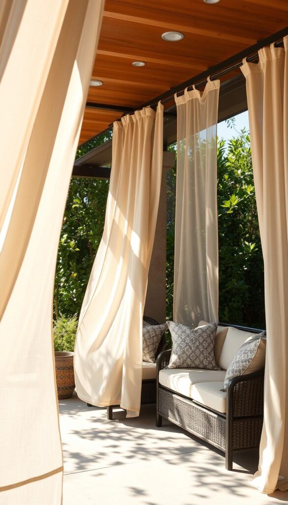 Outdoor curtains swaying gracefully in a gentle breeze, their lightweight, weather-resistant fabric panels dancing in the sunlight. The curtains are expertly hung from a sturdy, rust-resistant frame, strategically positioned to shield a cozy seating area from the elements. Subtle patterns or neutral tones accentuate the natural surroundings, blending seamlessly with the outdoor environment. Dappled shadows cast by the curtains create a warm, inviting ambiance, while the overall setup conveys a sense of effortless functionality and style. The scene is captured with a wide-angle lens, showcasing the harmonious integration of the weather-savvy curtains within an elegant, al fresco living space.