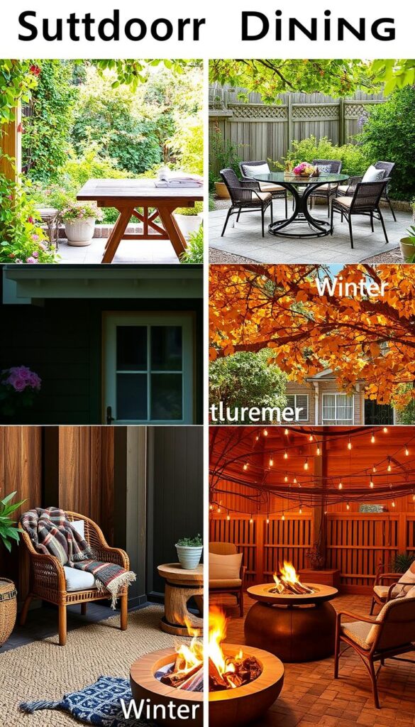 Outdoor dining by season: A vibrant four-season setting. In spring, a lush garden frames an intimate patio with a rustic wooden table, plush cushions, and blooming florals. Summer brings a sun-dappled scene, with a wicker loveseat and matching chairs around a glass-topped table, accented by verdant greenery. Autumn ushers in cozy textures, like a plaid throw and weathered wooden bench, beneath a canopy of golden leaves. Winter transforms the space into a snug retreat, with a blazing fire pit, fur-lined seating, and twinkling string lights casting a warm, inviting glow. Outdoor dining by season: A vibrant four-season setting. In spring, a lush garden frames an intimate patio with a rustic wooden table, plush cushions, and blooming florals. Summer brings a sun-dappled scene, with a wicker loveseat and matching chairs around a glass-topped table, accented by verdant greenery. Autumn ushers in cozy textures, like a plaid throw and weathered wooden bench, beneath a canopy of golden leaves. Winter transforms the space into a snug retreat, with a blazing fire pit, fur-lined seating, and twinkling string lights casting a warm, inviting glow.