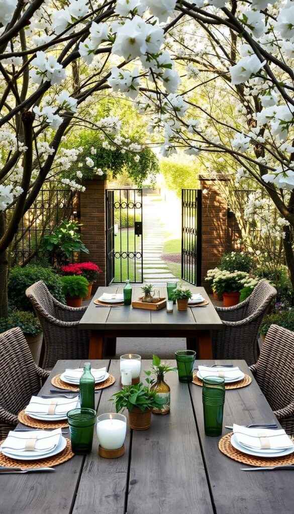 Outdoor dining in a lush spring garden, with a rustic wooden table set with simple, elegant place settings. Soft natural light filters through the canopy of blooming trees, casting a warm, inviting glow. Wicker chairs surround the table, complemented by a mix of potted plants and fresh greenery. In the background, a charming wrought-iron garden gate frames the scene, leading the eye to a tranquil stone path. The overall atmosphere is one of effortless, understated style - a serene, budget-friendly oasis perfect for enjoying the first days of the season.