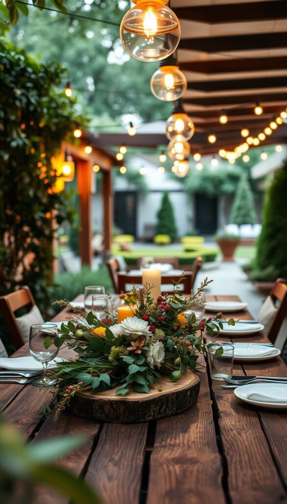 Outdoor dining on a cozy patio, surrounded by lush foliage and warm string lights. A wooden table adorned with a rustic, floral centerpiece, inviting guests to savor a leisurely meal. In the background, a glimpse of a well-manicured garden, hinting at the serene and relaxing ambiance. The scene is illuminated by a combination of natural daylight and the soft, ambient glow of the overhead lighting, creating a welcoming and intimate atmosphere. The overall composition evokes a sense of tranquility and al fresco dining pleasure, perfect for any season. Outdoor dining on a cozy patio, surrounded by lush foliage and warm string lights. A wooden table adorned with a rustic, floral centerpiece, inviting guests to savor a leisurely meal. In the background, a glimpse of a well-manicured garden, hinting at the serene and relaxing ambiance. The scene is illuminated by a combination of natural daylight and the soft, ambient glow of the overhead lighting, creating a welcoming and intimate atmosphere. The overall composition evokes a sense of tranquility and al fresco dining pleasure, perfect for any season.