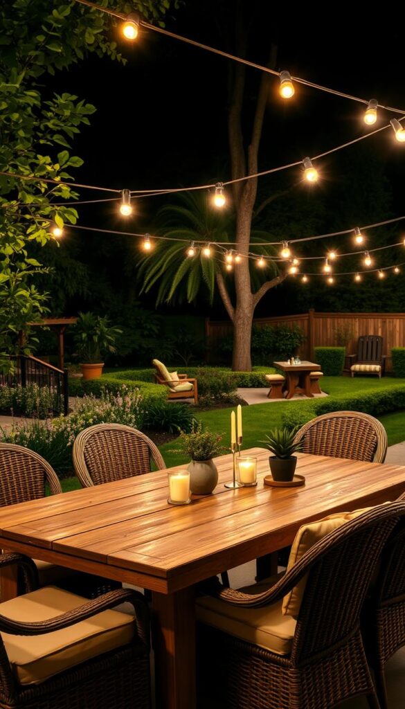 Outdoor dining scene under the soft glow of string lights, with a rustic wooden table surrounded by comfortable wicker chairs. In the background, lush greenery and a well-manicured garden create a serene, inviting atmosphere. The lighting is warm and ambient, casting a cozy and relaxed mood perfect for summer nights. A few potted plants and candles on the table add to the intimate, al fresco ambiance. The overall composition suggests a tranquil, yet stylish backyard setting ready for entertaining guests.