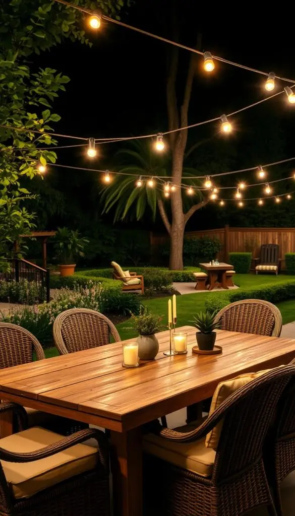 Outdoor dining scene under the soft glow of string lights, with a rustic wooden table surrounded by comfortable wicker chairs. In the background, lush greenery and a well-manicured garden create a serene, inviting atmosphere. The lighting is warm and ambient, casting a cozy and relaxed mood perfect for summer nights. A few potted plants and candles on the table add to the intimate, al fresco ambiance. The overall composition suggests a tranquil, yet stylish backyard setting ready for entertaining guests.