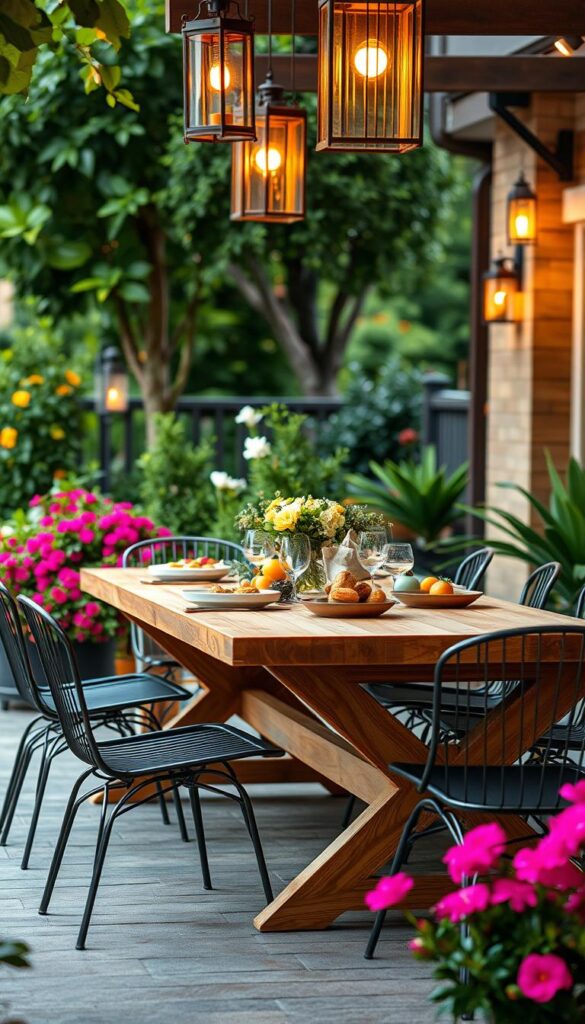 Outdoor dining table on a patio, surrounded by lush greenery and vibrant flowers. The table is made of sturdy, weather-resistant wood with a natural finish, complemented by sleek, minimalist metal chairs. Warm, soft lighting from overhead lanterns creates a cozy, inviting ambiance. The scene is captured in a wide-angle lens, with the background blurred to focus attention on the beautifully set table. The image conveys a sense of relaxation and al-fresco dining in a well-designed, seasonally-appropriate outdoor space. Outdoor dining table on a patio, surrounded by lush greenery and vibrant flowers. The table is made of sturdy, weather-resistant wood with a natural finish, complemented by sleek, minimalist metal chairs. Warm, soft lighting from overhead lanterns creates a cozy, inviting ambiance. The scene is captured in a wide-angle lens, with the background blurred to focus attention on the beautifully set table. The image conveys a sense of relaxation and al-fresco dining in a well-designed, seasonally-appropriate outdoor space.