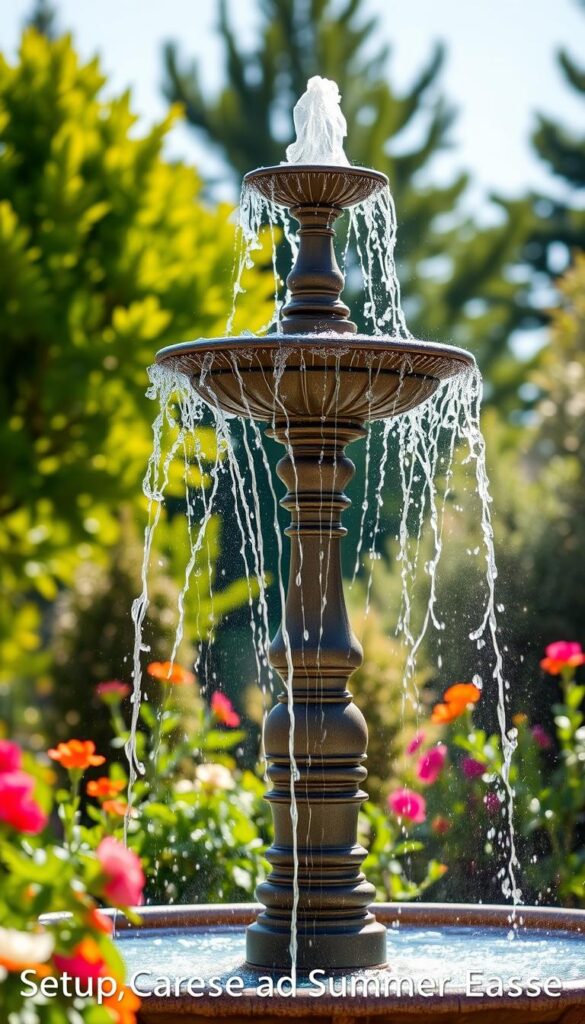 Outdoor fountains standing tall, their cascading water glistening in the warm summer sun. A serene focal point, framed by lush greenery and vibrant flowers. The trickling sounds of the fountain create a soothing ambiance, inviting visitors to pause and take in the calming atmosphere. Soft lighting illuminates the scene, casting gentle shadows and highlighting the intricate details of the fountain's design. The overall composition evokes a sense of tranquility and refreshment, perfectly capturing the essence of "Setup, Care, and Summer Ease" for an idyllic water feature.