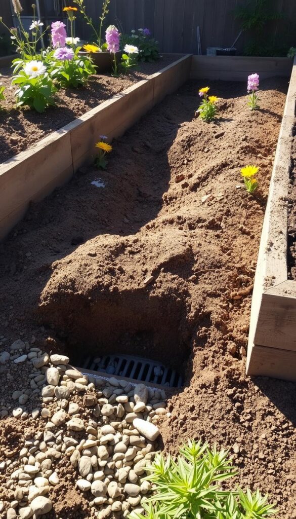Outdoor garden bed with raised walls, filled with rich, loamy soil and vibrant flowers. A gentle slope leads to a drainage channel, with pebbles and small rocks lining the base. Sunlight streams in from the side, casting warm shadows and highlighting the texture of the soil. The scene exudes a sense of tranquility and natural beauty, showcasing an effective solution for improving drainage in a flower garden. Outdoor garden bed with raised walls, filled with rich, loamy soil and vibrant flowers. A gentle slope leads to a drainage channel, with pebbles and small rocks lining the base. Sunlight streams in from the side, casting warm shadows and highlighting the texture of the soil. The scene exudes a sense of tranquility and natural beauty, showcasing an effective solution for improving drainage in a flower garden.