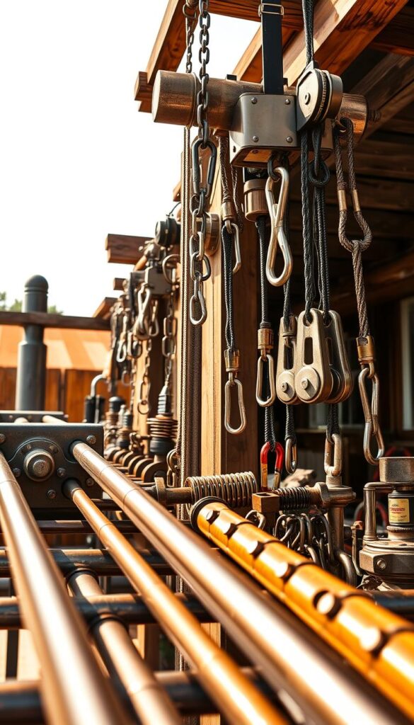 Outdoor hardware: a rugged, weatherproof display of industrial-grade fixtures and fittings. In the foreground, sturdy metal rods and brackets, their surfaces gleaming under warm sunlight. Mid-ground, a collection of heavy-duty pulleys, carabiners, and durable fasteners, arranged with precision. In the background, a backdrop of weathered wooden beams and posts, hinting at the sturdy framework that supports outdoor curtains and canopies. The scene exudes a sense of durability and reliability, perfect for the functional needs of the outdoor living space. Captured with a wide-angle lens, the image showcases the practical yet visually appealing nature of this essential outdoor hardware.