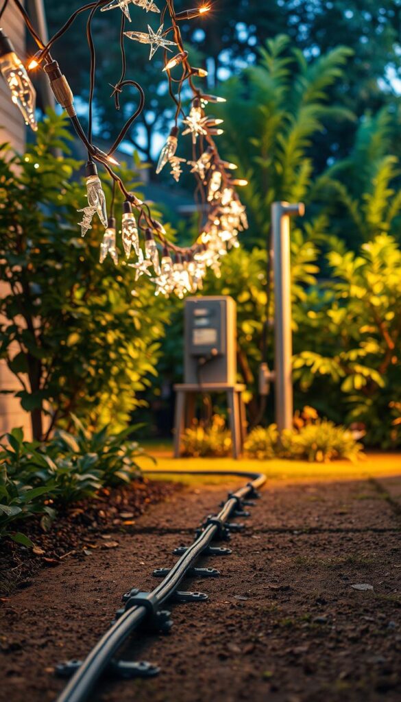 Outdoor installation safety: A well-lit, meticulously organized scene. In the foreground, a neatly laid electrical cable runs along the ground, secured with weatherproof fasteners. Overhead, sturdy hooks support a row of twinkling holiday lights, their cords cascading downwards in an orderly fashion. In the middle ground, a power distribution unit stands tall, its outlets protected from the elements. The background features a lush, verdant garden, its foliage casting soft shadows across the setup, creating a serene, nature-infused ambiance. The lighting is warm and inviting, yet the composition conveys a sense of technical precision and safety. Outdoor installation safety: A well-lit, meticulously organized scene. In the foreground, a neatly laid electrical cable runs along the ground, secured with weatherproof fasteners. Overhead, sturdy hooks support a row of twinkling holiday lights, their cords cascading downwards in an orderly fashion. In the middle ground, a power distribution unit stands tall, its outlets protected from the elements. The background features a lush, verdant garden, its foliage casting soft shadows across the setup, creating a serene, nature-infused ambiance. The lighting is warm and inviting, yet the composition conveys a sense of technical precision and safety.