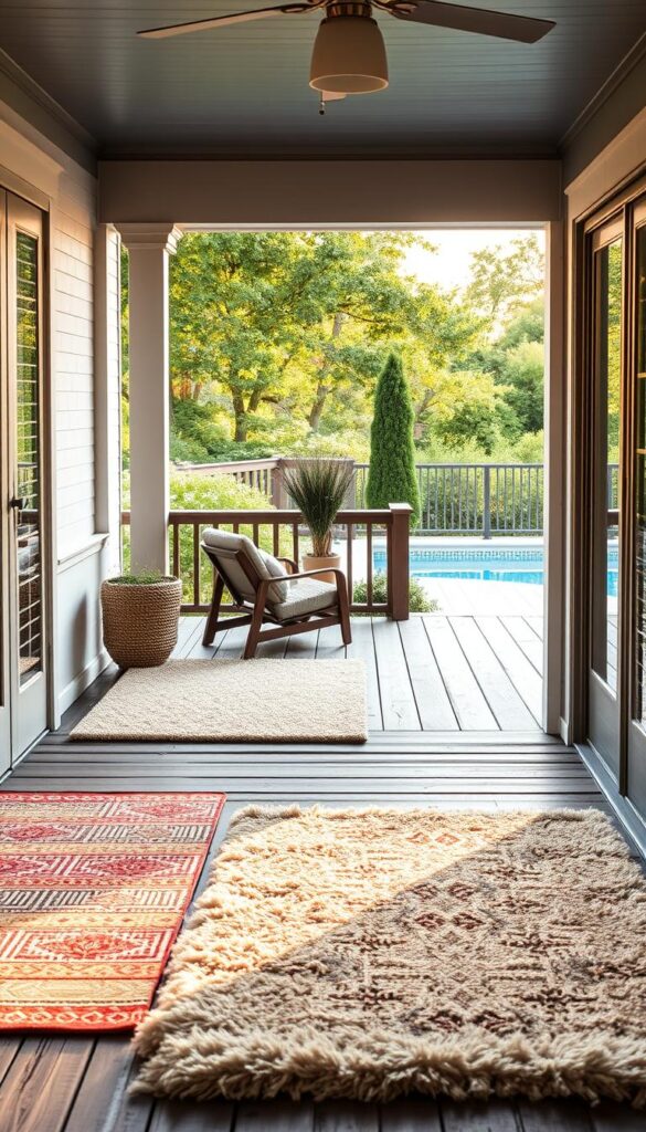Outdoor rugs in various textures and patterns adorn a sun-drenched porch, blending seamlessly with the weathered wood planks. In the middle ground, a cozy deck showcases plush, colorful rugs that soften the transition to a lush, verdant backyard. On the far balcony, a sleek, minimalist rug frames the view of a sparkling pool, creating a serene, poolside oasis. Soft, diffused lighting and a warm, golden hour glow imbue the scene with a welcoming, inviting atmosphere. The composition highlights the versatility of outdoor rugs, seamlessly integrating them into various outdoor living spaces.