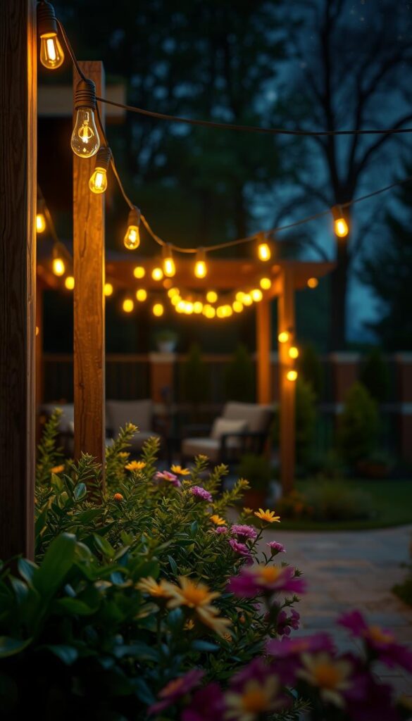 Outdoor string lights gently illuminating a cozy backyard scene. Warm, glowing bulbs strung between wooden posts, casting a magical ambiance. Lush greenery and flowers in the foreground, with a patio or deck visible in the middle ground. A starry night sky or silhouetted trees in the background. Soft, diffused lighting with a shallow depth of field, creating a dreamlike, inviting atmosphere. High-quality, photorealistic rendering with attention to detail in the materials and textures. Subtle camera angle to showcase the alluring, atmospheric quality of the scene. Outdoor string lights gently illuminating a cozy backyard scene. Warm, glowing bulbs strung between wooden posts, casting a magical ambiance. Lush greenery and flowers in the foreground, with a patio or deck visible in the middle ground. A starry night sky or silhouetted trees in the background. Soft, diffused lighting with a shallow depth of field, creating a dreamlike, inviting atmosphere. High-quality, photorealistic rendering with attention to detail in the materials and textures. Subtle camera angle to showcase the alluring, atmospheric quality of the scene.