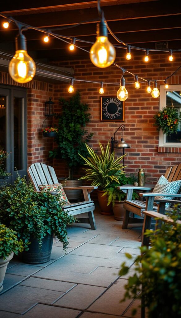 Outdoor string lights illuminating a cozy fall patio scene. Warm yellow bulbs strung overhead, casting a gentle glow across weathered wood furniture and lush potted plants. Soft shadows dance on the ground, creating a serene and inviting atmosphere. In the background, a brick or stone exterior wall provides a natural backdrop, complementing the rustic, autumnal aesthetic. The overall composition evokes a sense of comfort and relaxation, perfect for enjoying the crisp evening air during the fall season.