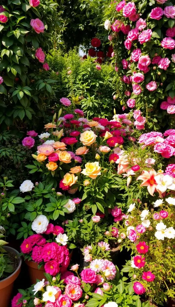 Overcrowded garden scene, lush foliage and vibrant flowers bursting from every corner. Tightly packed planters and pots, leaves and stems tangled together, fighting for precious space. Warm afternoon sunlight filters through the dense canopy, casting soft shadows across the cluttered arrangement. Variety of blooms in full flower - roses, lilies, peonies, all vying for attention. Slightly unkempt, overgrown aesthetic, hinting at the challenges of maintaining balance in an overly enthusiastic planting. Tight, close-up perspective to emphasize the sense of confinement and lack of breathing room. Subtle imperfections, wilted petals, and disorganized growth to convey the message of "too much, too soon" when it comes to flower bed planning. Overcrowded garden scene, lush foliage and vibrant flowers bursting from every corner. Tightly packed planters and pots, leaves and stems tangled together, fighting for precious space. Warm afternoon sunlight filters through the dense canopy, casting soft shadows across the cluttered arrangement. Variety of blooms in full flower - roses, lilies, peonies, all vying for attention. Slightly unkempt, overgrown aesthetic, hinting at the challenges of maintaining balance in an overly enthusiastic planting. Tight, close-up perspective to emphasize the sense of confinement and lack of breathing room. Subtle imperfections, wilted petals, and disorganized growth to convey the message of "too much, too soon" when it comes to flower bed planning.