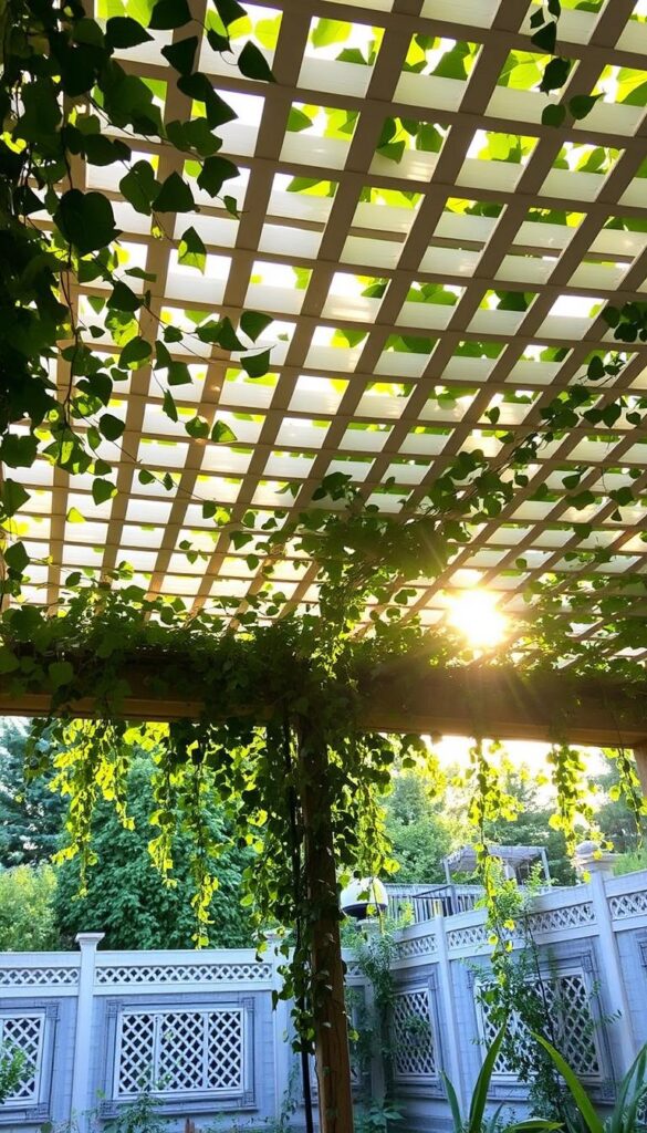 Overhead trellis panels, delicately interwoven with lush vines, casting a gentle, dappled light across a tranquil backyard scene. The lattice structure, crafted with intricate precision, stretches elegantly overhead, creating an inviting canopy of greenery and privacy. Warm, golden sunlight filters through the foliage, casting a serene ambiance and softening the edges of the surrounding space. The trellis panels, meticulously designed, blend seamlessly with the natural landscape, offering a visually striking and functional solution for shade and seclusion.