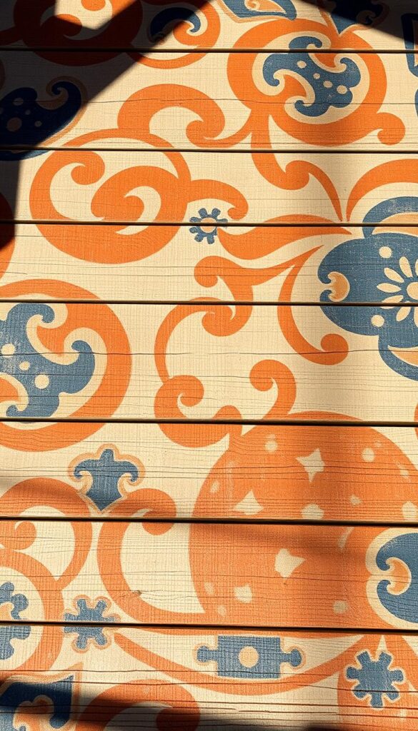 Painted rug pattern on a rustic wooden floor, with intricate swirling and geometric designs in earthy tones of ochre, terracotta, and deep indigo. The pattern appears hand-painted, with subtle brush strokes and uneven edges, creating a warm, organic feel. Bright natural lighting casts soft shadows, highlighting the texture and depth of the painted design. The overall composition evokes a sense of welcoming, artisanal charm, perfectly suited for an outdoor living space.