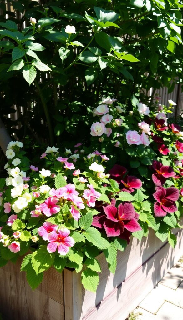 Partial shade annuals blooming in a lush, naturalistic container garden. Delicate begonias, vibrant impatiens, and lush coleus in shades of green, pink, and burgundy spill over the edges of a rustic wooden planter. Dappled sunlight filters through the canopy, creating soft shadows and highlights. The scene evokes a sense of serene, low-maintenance beauty, perfect for a shaded patio or garden bed.