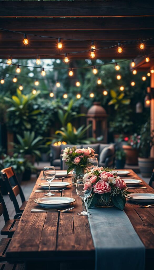 Patio setting with warm string lights overhead, casting a cozy glow across the outdoor dining table. Elegant tableware, glasses, and a centerpiece of fresh flowers adorn the rustic wooden table. In the background, lush greenery and potted plants create a lush, inviting atmosphere. The lighting is soft and romantic, with a mix of ambient light from the string lights and subtle accent lighting illuminating the space. The angle showcases the overall scene, capturing the inviting and intimate mood perfect for summer evenings of backyard entertaining.