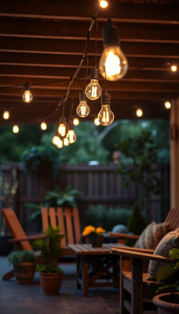 Patio with elegant string lights illuminating the space, creating a warm and inviting atmosphere. Delicate bulbs hang overhead, casting a soft glow on the surrounding wooden furniture and potted plants. The scene is captured from a low angle, emphasizing the cozy and intimate feel of the outdoor living area. The lighting is balanced, with the fixtures positioned to provide even illumination without harsh shadows. The image conveys a sense of tranquility and relaxation, perfect for an article about choosing the right backyard lighting. Patio with elegant string lights illuminating the space, creating a warm and inviting atmosphere. Delicate bulbs hang overhead, casting a soft glow on the surrounding wooden furniture and potted plants. The scene is captured from a low angle, emphasizing the cozy and intimate feel of the outdoor living area. The lighting is balanced, with the fixtures positioned to provide even illumination without harsh shadows. The image conveys a sense of tranquility and relaxation, perfect for an article about choosing the right backyard lighting.