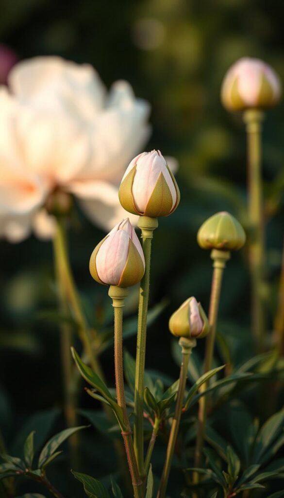 Peonies stems buds: a soft, gentle study. Delicate stems rise from the earth, supporting lush green foliage and plump, velvety buds ready to bloom. Soft, diffused lighting caresses the scene, casting warm hues and gentle shadows that accentuate the flowers' sensual curves. The composition focuses on the middle ground, allowing the buds to take center stage, while the blurred background provides a serene, dreamy context. The overall mood is one of anticipation and quiet beauty, capturing the "marshmallow stage" of peony growth, awaiting the flowers' full, sumptuous display.