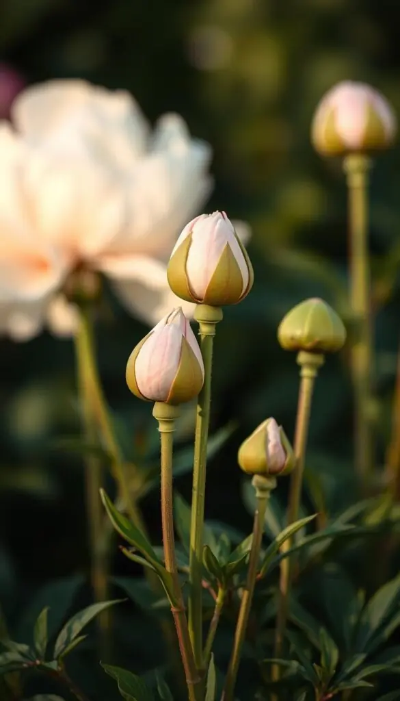 Peonies stems buds: a soft, gentle study. Delicate stems rise from the earth, supporting lush green foliage and plump, velvety buds ready to bloom. Soft, diffused lighting caresses the scene, casting warm hues and gentle shadows that accentuate the flowers' sensual curves. The composition focuses on the middle ground, allowing the buds to take center stage, while the blurred background provides a serene, dreamy context. The overall mood is one of anticipation and quiet beauty, capturing the "marshmallow stage" of peony growth, awaiting the flowers' full, sumptuous display. Peonies stems buds: a soft, gentle study. Delicate stems rise from the earth, supporting lush green foliage and plump, velvety buds ready to bloom. Soft, diffused lighting caresses the scene, casting warm hues and gentle shadows that accentuate the flowers' sensual curves. The composition focuses on the middle ground, allowing the buds to take center stage, while the blurred background provides a serene, dreamy context. The overall mood is one of anticipation and quiet beauty, capturing the "marshmallow stage" of peony growth, awaiting the flowers' full, sumptuous display.