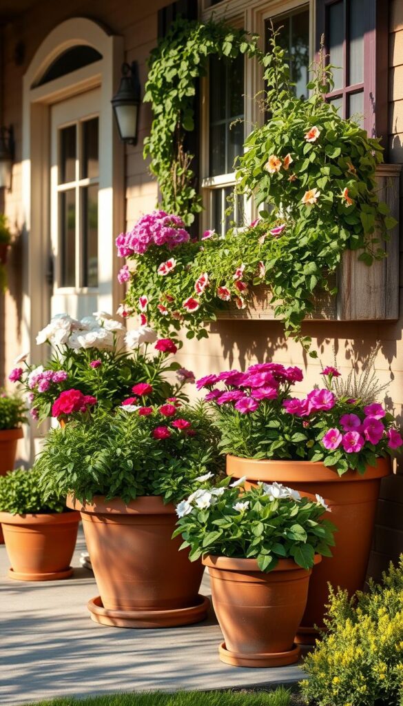 Planters filled with vibrant blooms, arranged in a welcoming display on a sun-dappled porch. Terracotta pots brimming with lush greenery, complemented by weathered wooden window boxes overflowing with cascading vines. A soft, golden light filters through the scene, casting warm shadows and highlighting the textural details. In the background, glimpses of a cozy, inviting home, its facade adorned with charming architectural features. The overall atmosphere is one of natural beauty, embracing the rejuvenation of spring and creating a captivating, inviting entryway.