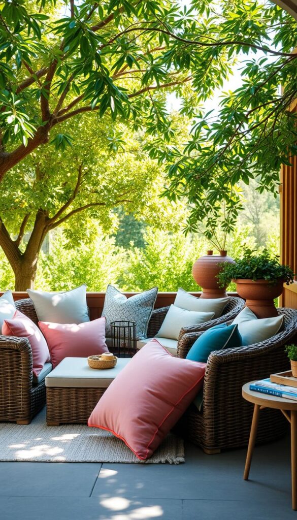 Plush outdoor cushions arranged harmoniously across a cozy patio setting. Soft textures and vibrant hues create an inviting ambiance, with a lush, verdant backdrop framing the scene. Sunlight filters through overhead trees, casting a warm, natural glow. Wicker furniture and wooden accents blend seamlessly, while strategically placed planters and decorative elements add visual interest. The overall atmosphere emanates comfort, relaxation, and a sense of retreat from the everyday. A tranquil oasis, perfect for savoring the beauty of the great outdoors. Plush outdoor cushions arranged harmoniously across a cozy patio setting. Soft textures and vibrant hues create an inviting ambiance, with a lush, verdant backdrop framing the scene. Sunlight filters through overhead trees, casting a warm, natural glow. Wicker furniture and wooden accents blend seamlessly, while strategically placed planters and decorative elements add visual interest. The overall atmosphere emanates comfort, relaxation, and a sense of retreat from the everyday. A tranquil oasis, perfect for savoring the beauty of the great outdoors.