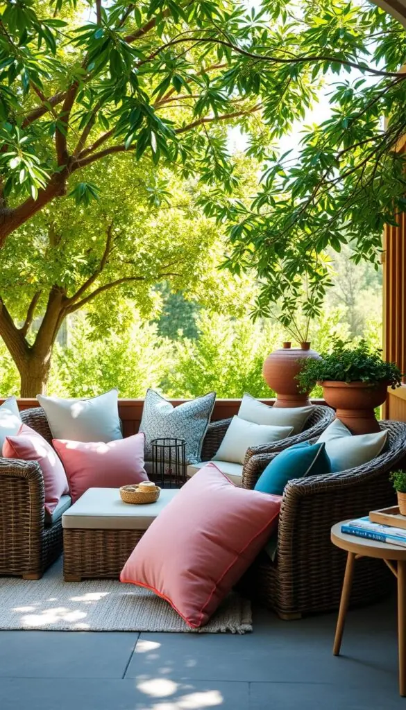 Plush outdoor cushions arranged harmoniously across a cozy patio setting. Soft textures and vibrant hues create an inviting ambiance, with a lush, verdant backdrop framing the scene. Sunlight filters through overhead trees, casting a warm, natural glow. Wicker furniture and wooden accents blend seamlessly, while strategically placed planters and decorative elements add visual interest. The overall atmosphere emanates comfort, relaxation, and a sense of retreat from the everyday. A tranquil oasis, perfect for savoring the beauty of the great outdoors. Plush outdoor cushions arranged harmoniously across a cozy patio setting. Soft textures and vibrant hues create an inviting ambiance, with a lush, verdant backdrop framing the scene. Sunlight filters through overhead trees, casting a warm, natural glow. Wicker furniture and wooden accents blend seamlessly, while strategically placed planters and decorative elements add visual interest. The overall atmosphere emanates comfort, relaxation, and a sense of retreat from the everyday. A tranquil oasis, perfect for savoring the beauty of the great outdoors.