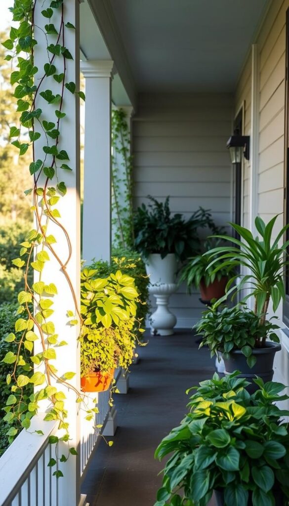 Porch faux plants artfully arranged, their lifelike leaves and stems casting soft shadows under warm, diffused lighting. A mix of trailing vines, lush potted plants, and strategically placed focal pieces create a natural, inviting atmosphere. The planter boxes along the porch railing are overflowing with verdant greenery, blending seamlessly with the real potted plants nearby. A gentle breeze rustles the foliage, adding a sense of movement and vitality to the scene. The overall impression is one of a carefully curated, harmonious blend of real and artificial elements, creating a lush, inviting porch oasis.