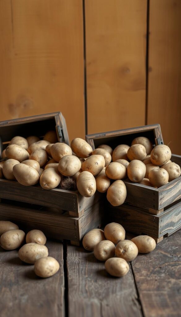 Potatoes spilling out of rustic wooden crates, set against a warm, earthy backdrop. The containers sit on a weathered wooden surface, their natural textures and tones complementing the humble yet inviting scene. Soft, directional lighting casts gentle shadows, highlighting the organic shapes and varied tones of the potatoes. The overall atmosphere is one of simplicity, approachability, and the joy of growing your own food in a small space. Potatoes spilling out of rustic wooden crates, set against a warm, earthy backdrop. The containers sit on a weathered wooden surface, their natural textures and tones complementing the humble yet inviting scene. Soft, directional lighting casts gentle shadows, highlighting the organic shapes and varied tones of the potatoes. The overall atmosphere is one of simplicity, approachability, and the joy of growing your own food in a small space.