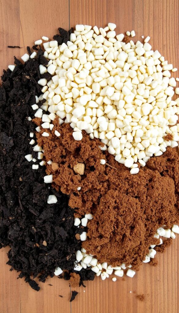 Potting mix composed of soft, light-colored perlite granules, rich brown peat moss, and dark, earthy textures blended together in an organized arrangement. The mixture rests on a wooden surface, evenly distributed and neatly presented, capturing the essential ingredients for a healthy, nutrient-dense soil ideal for cultivating vibrant flowers. Soft, natural lighting illuminates the scene, highlighting the contrasting textures and tones of the soil components. The overall impression conveys a sense of care, attention to detail, and a commitment to creating the perfect growing medium for flourishing blooms.