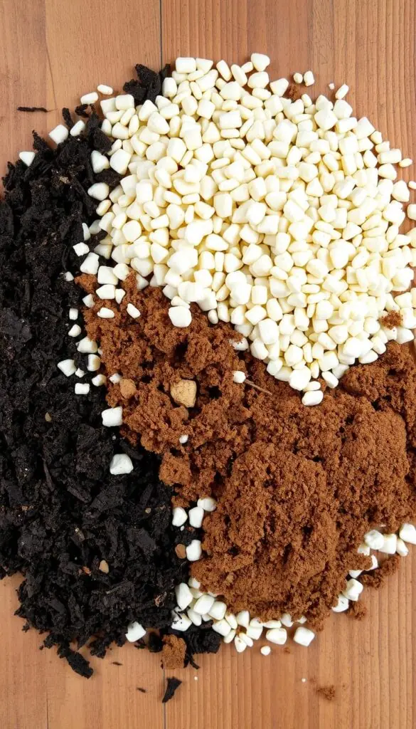 Potting mix composed of soft, light-colored perlite granules, rich brown peat moss, and dark, earthy textures blended together in an organized arrangement. The mixture rests on a wooden surface, evenly distributed and neatly presented, capturing the essential ingredients for a healthy, nutrient-dense soil ideal for cultivating vibrant flowers. Soft, natural lighting illuminates the scene, highlighting the contrasting textures and tones of the soil components. The overall impression conveys a sense of care, attention to detail, and a commitment to creating the perfect growing medium for flourishing blooms. Potting mix composed of soft, light-colored perlite granules, rich brown peat moss, and dark, earthy textures blended together in an organized arrangement. The mixture rests on a wooden surface, evenly distributed and neatly presented, capturing the essential ingredients for a healthy, nutrient-dense soil ideal for cultivating vibrant flowers. Soft, natural lighting illuminates the scene, highlighting the contrasting textures and tones of the soil components. The overall impression conveys a sense of care, attention to detail, and a commitment to creating the perfect growing medium for flourishing blooms.