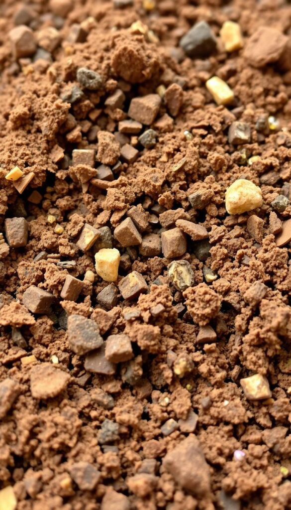 Potting soil mix in close-up, showcasing a diverse blend of organic matter and minerals. Earthy tones of rich brown, flecks of vermiculite, and hints of coarse perlite create a visually appealing, well-aerated texture. Soft, diffused lighting illuminates the mix, emphasizing its nutrient-rich composition. The image should convey a sense of fertile, well-draining potting medium, ready to support thriving balcony or patio plants.