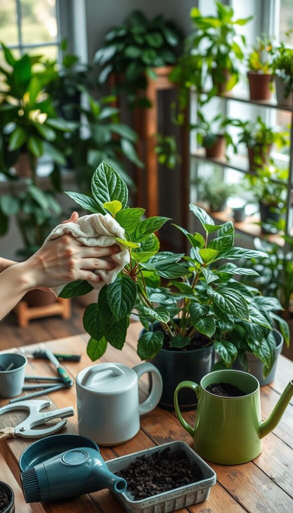 Prompt A cozy indoor scene, soft natural lighting filters through large windows. In the foreground, a person's hands carefully clean the leaves of a thriving houseplant, gently wiping away dust and debris with a soft cloth. Surrounding the plant, an assortment of potting tools, a watering can, and a tray of fresh soil. In the middle ground, additional healthy houseplants of various sizes and species sit on a wooden table, their leaves glistening. The background features shelves lined with more lush greenery, creating a serene, plant-filled atmosphere. The scene conveys a sense of mindful preparation and care as the plants are readied for the transition indoors.