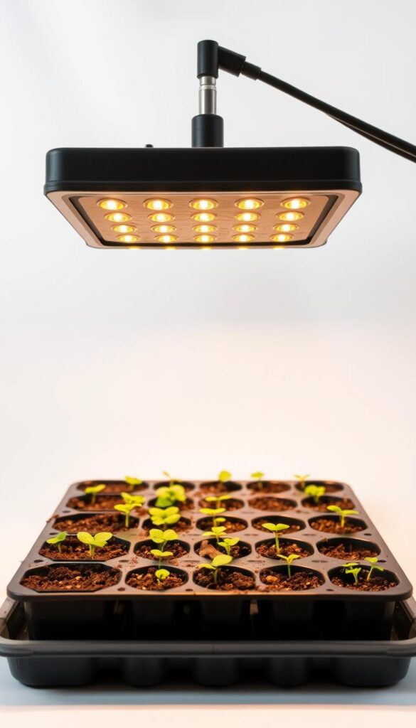 Prompt A seed-starting light fixture, positioned above a tray of soil-filled seedling trays. The warm, diffused glow of the LED bulbs casts a gentle illumination, creating an optimal environment for germination and early growth. The light fixture is mounted on an adjustable arm, allowing for precise positioning as the seedlings mature. The tray is surrounded by a clean, minimalist white backdrop, emphasizing the simplicity and functionality of the setup. The overall scene conveys a sense of care and attention to detail, essential for successful seed starting and healthy vegetable growth. Prompt A seed-starting light fixture, positioned above a tray of soil-filled seedling trays. The warm, diffused glow of the LED bulbs casts a gentle illumination, creating an optimal environment for germination and early growth. The light fixture is mounted on an adjustable arm, allowing for precise positioning as the seedlings mature. The tray is surrounded by a clean, minimalist white backdrop, emphasizing the simplicity and functionality of the setup. The overall scene conveys a sense of care and attention to detail, essential for successful seed starting and healthy vegetable growth.