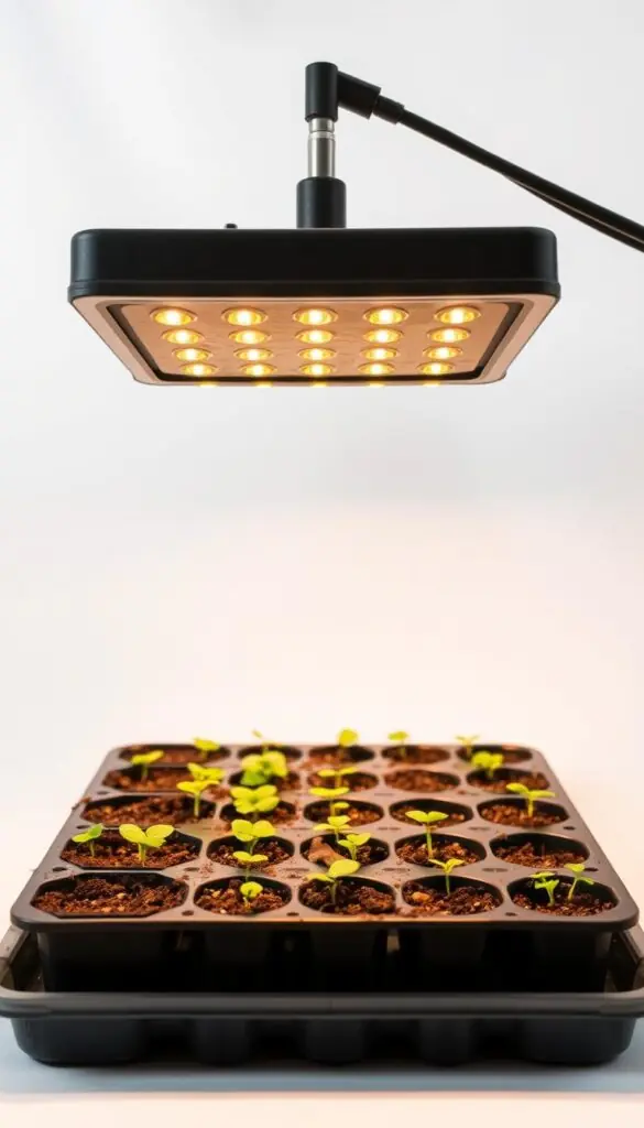 Prompt A seed-starting light fixture, positioned above a tray of soil-filled seedling trays. The warm, diffused glow of the LED bulbs casts a gentle illumination, creating an optimal environment for germination and early growth. The light fixture is mounted on an adjustable arm, allowing for precise positioning as the seedlings mature. The tray is surrounded by a clean, minimalist white backdrop, emphasizing the simplicity and functionality of the setup. The overall scene conveys a sense of care and attention to detail, essential for successful seed starting and healthy vegetable growth.