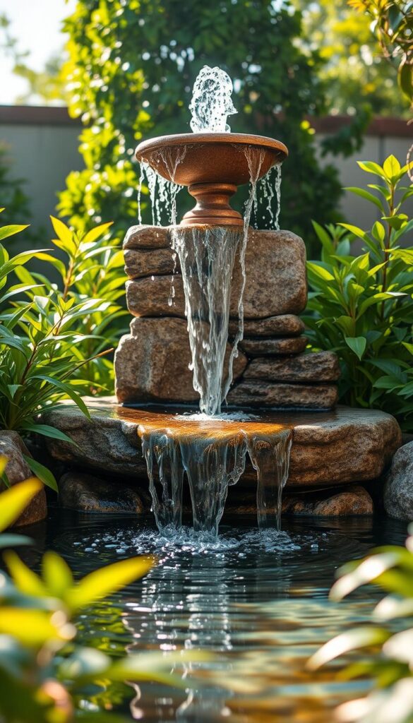 Prompt A stunningly realistic fountain feature, with crystal clear water cascading down a natural stone structure. The fountain is surrounded by lush, vibrant greenery, creating a serene and tranquil backyard oasis. The lighting is soft and natural, with warm sunlight filtering through the leaves and reflecting off the gently rippling surface of the water. The angle captures the fountain in a dynamic, three-quarter view, showcasing its elegant and symmetrical design. The overall mood is one of peaceful relaxation, inviting the viewer to imagine the soothing sounds and calming atmosphere of this perfectly integrated water feature. Prompt A stunningly realistic fountain feature, with crystal clear water cascading down a natural stone structure. The fountain is surrounded by lush, vibrant greenery, creating a serene and tranquil backyard oasis. The lighting is soft and natural, with warm sunlight filtering through the leaves and reflecting off the gently rippling surface of the water. The angle captures the fountain in a dynamic, three-quarter view, showcasing its elegant and symmetrical design. The overall mood is one of peaceful relaxation, inviting the viewer to imagine the soothing sounds and calming atmosphere of this perfectly integrated water feature.