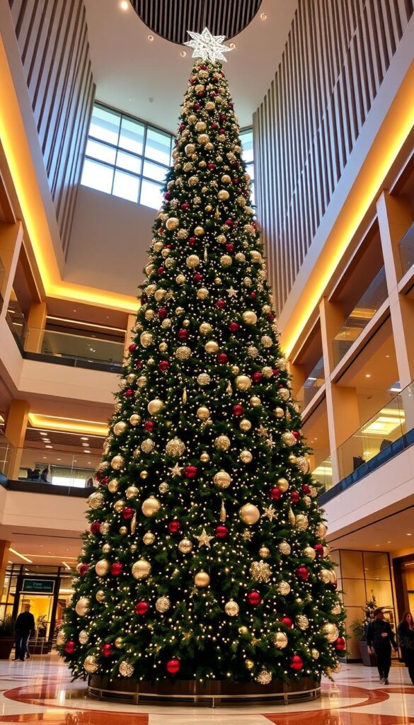 Prompt A towering, well-trimmed commercial Christmas tree stands majestically in a high-traffic indoor atrium, illuminated by warm, diffused lighting from above. The tree is adorned with a cohesive theme of sparkling ornaments and twinkling string lights that cast a festive glow throughout the space. The tree is situated on a raised platform, allowing it to be the central focus, drawing the eye upwards. The background features a sleek, modern architectural design with clean lines and neutral tones, complementing the tree's elegant presentation. The overall scene conveys a sense of holiday grandeur and sophisticated, high-end decor suitable for a commercial or upscale residential setting.