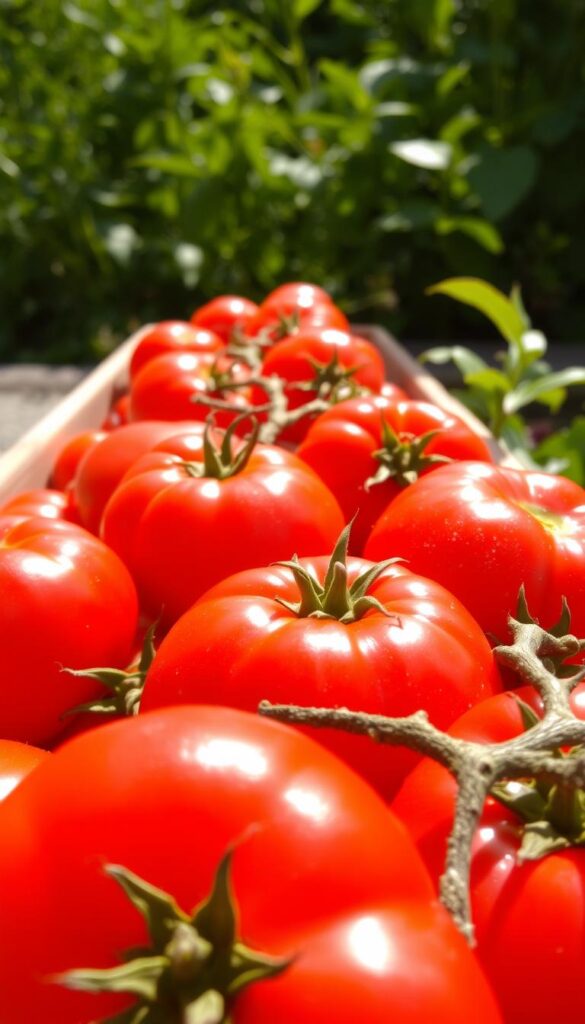Ripe, juicy tomatoes basking in the warm summer sun, their vibrant red hues glistening like jewels. A close-up shot captures the velvety skin, accentuating the natural contours and gentle curves. In the foreground, a cluster of plump, perfectly formed specimens, their stems still attached, convey the peak of their seasonal freshness. The middle ground reveals a lush, verdant backdrop, hinting at the bountiful garden from which they were harvested. Soft, diffused lighting casts gentle shadows, creating a sense of depth and dimension. The overall mood is one of abundance, inviting the viewer to reach out and savor the ripeness of these summer treasures. Ripe, juicy tomatoes basking in the warm summer sun, their vibrant red hues glistening like jewels. A close-up shot captures the velvety skin, accentuating the natural contours and gentle curves. In the foreground, a cluster of plump, perfectly formed specimens, their stems still attached, convey the peak of their seasonal freshness. The middle ground reveals a lush, verdant backdrop, hinting at the bountiful garden from which they were harvested. Soft, diffused lighting casts gentle shadows, creating a sense of depth and dimension. The overall mood is one of abundance, inviting the viewer to reach out and savor the ripeness of these summer treasures.