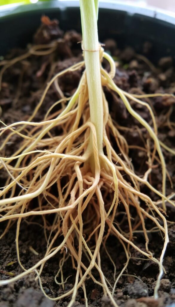 Roots of a thriving plant, intertwined and reaching deep into the soil, with delicate fibers branching outward. A close-up view, captured in soft, natural lighting that highlights the intricate patterns and textures of the underground network. The roots emerge from a potting medium, showcasing their strength and resilience as they support the growth above. A serene, earthy tone pervades the scene, conveying the essential role of these unseen foundations in nurturing healthy seedlings. Roots of a thriving plant, intertwined and reaching deep into the soil, with delicate fibers branching outward. A close-up view, captured in soft, natural lighting that highlights the intricate patterns and textures of the underground network. The roots emerge from a potting medium, showcasing their strength and resilience as they support the growth above. A serene, earthy tone pervades the scene, conveying the essential role of these unseen foundations in nurturing healthy seedlings.